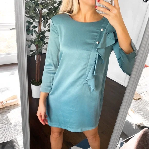 ZARA SAGE PADDED SHOULDER PEARL RUFFLE DETAIL LOOSE MINI DRESS!